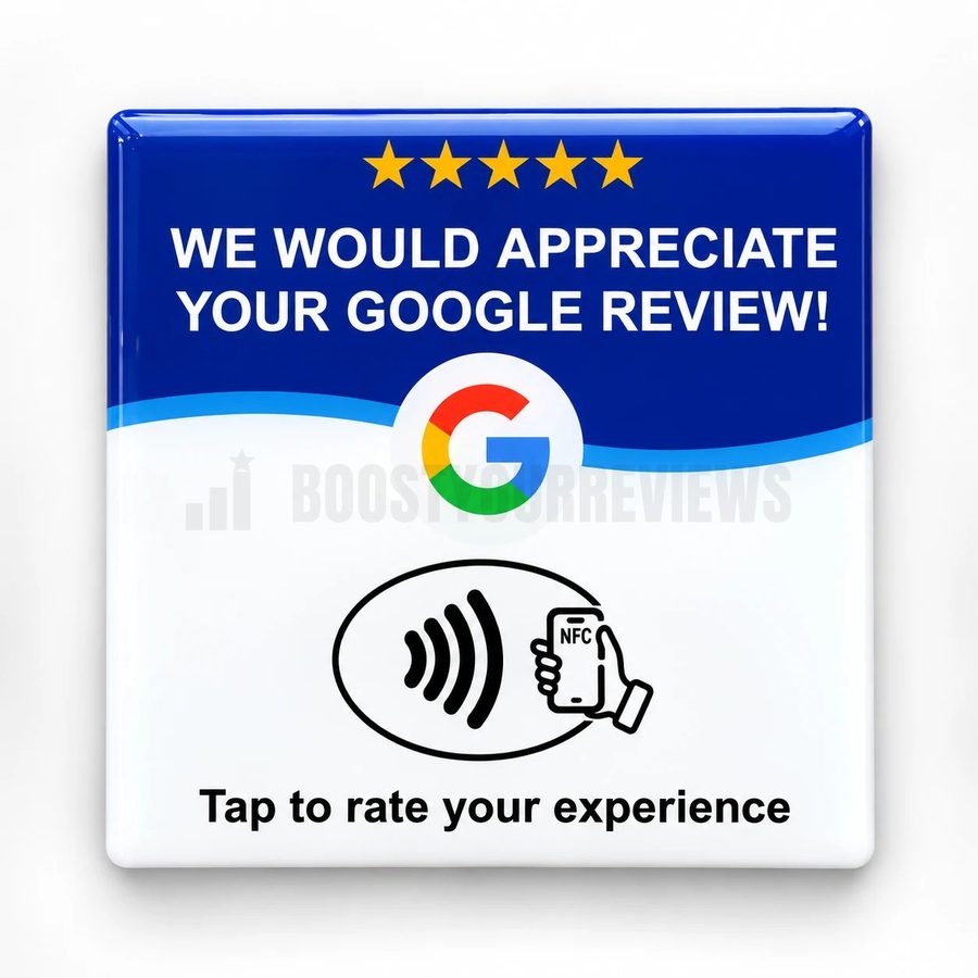 The front of the NFC review card, face up: five gold stars, we would appreciate your Google review, the Google G, and tap to rate your experience