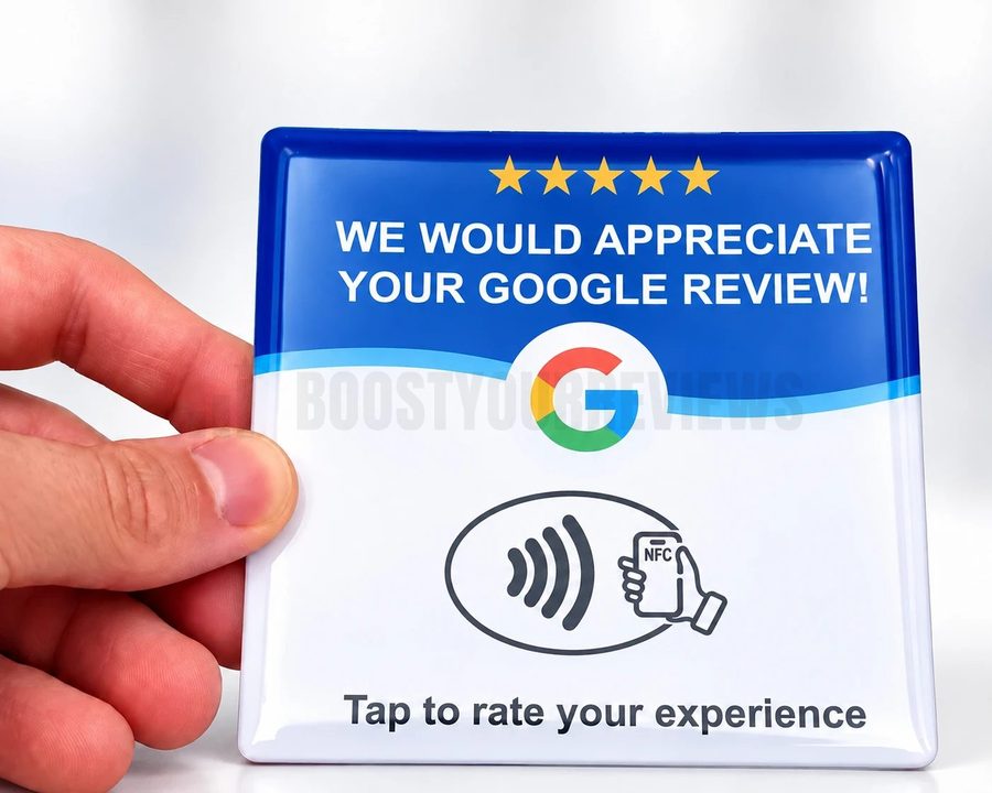 A hand holding a white NFC Google review card with a blue header, gold stars and a tap symbol